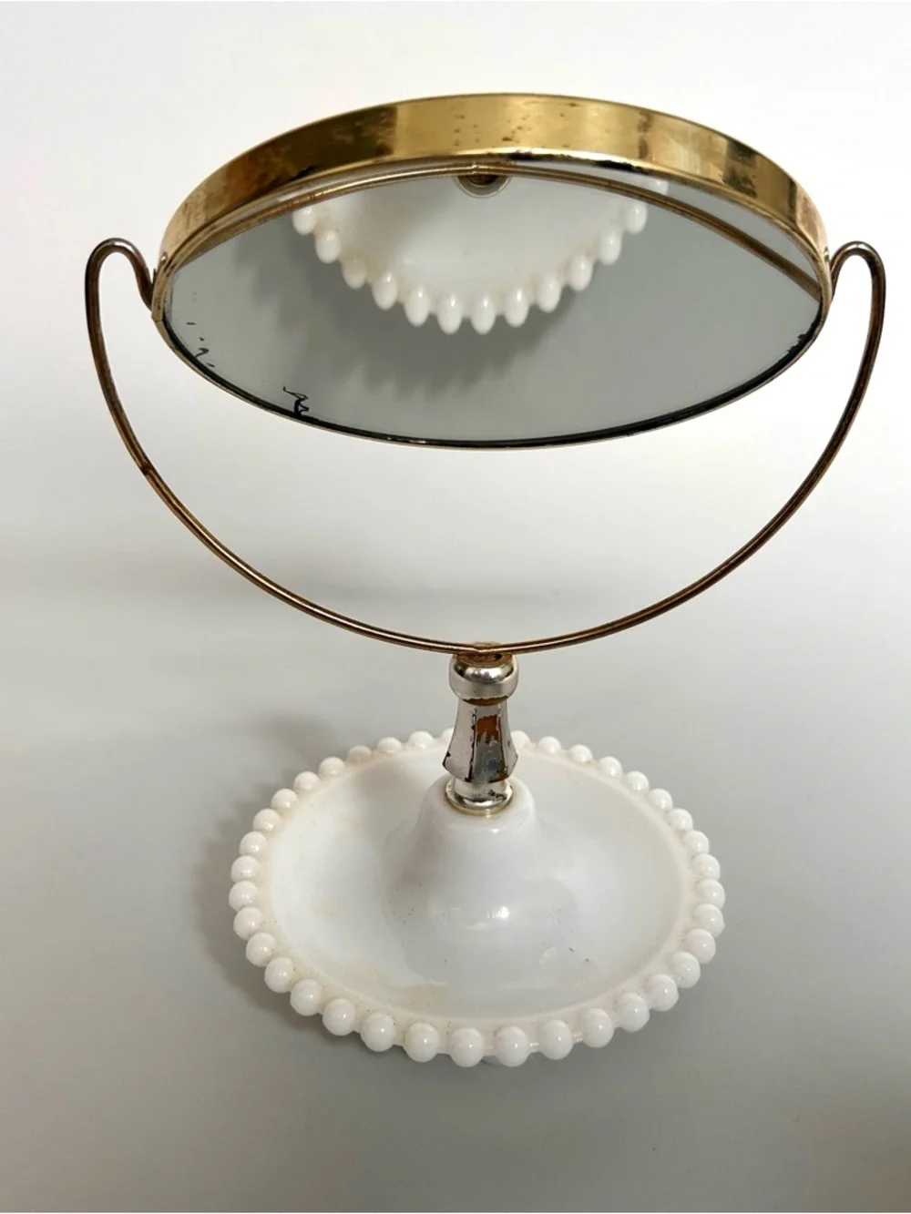Vintage White Milk Glass Beaded Vanity Mirror with Gold Frame 1930’s